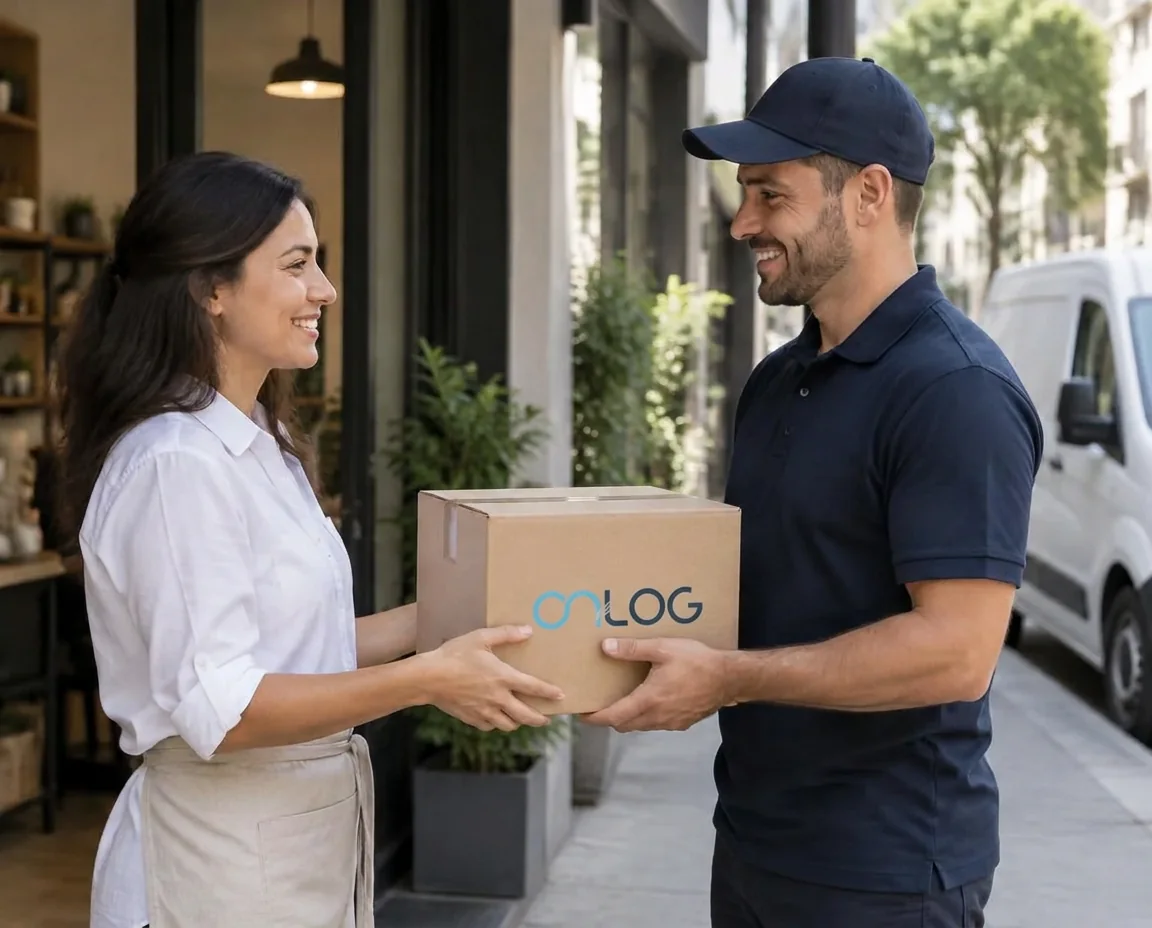 Motorista recebendo uma encomenda de uma cliente