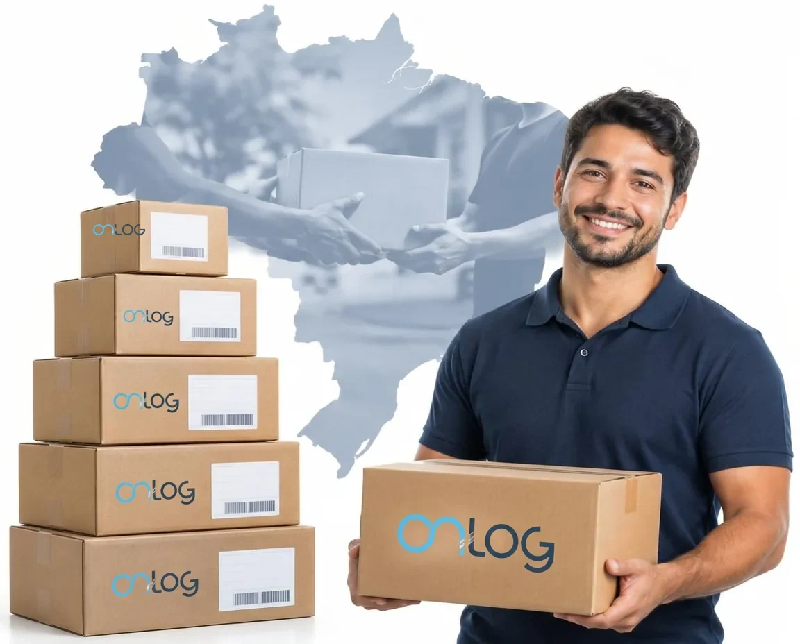 Profissional de logística com encomendas e mapa do Brasil ao fundo